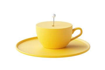 A minimalist 3D render of a solid yellow teacup and saucer with a small, white pin centrally positioned atop the cup