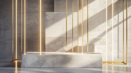 Light-filled, modern display podium in a neutral color scheme.