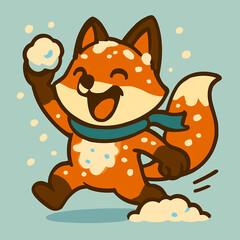 A fox mid-snowball fight with a laughing face.