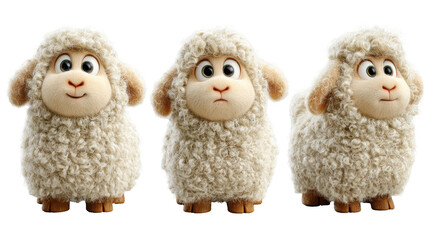 Cute cartoon sheep character with fluffy wool and expressive eyes in three poses