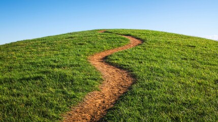 Serene green grassy hill with a winding dirt path leading to the top under a clear blue sky, peaceful natural landscape perfect for outdoor or nature themes