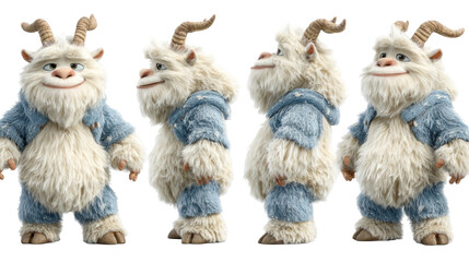 Whimsical Cartoon Creature with Fuzzy Fur and Friendly Expression in Multiple Angles