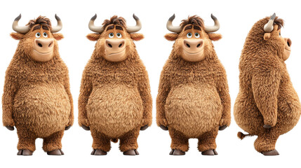 Cute Cartoon Bull Character with Friendly Expression and Playful Design in Multiple Views