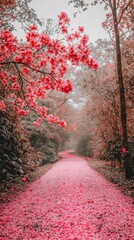 Scenic pathway lined with vibrant pink blossoms and fallen petals in a peaceful park setting with trees and a soft cloudy sky background du sptime