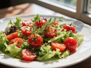 Fototapeta premium A bright, flavorful salad featuring ripe tomatoes marinated in a herb infused vinaigrette
