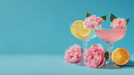 Refreshing pink flavored cocktail with lemon and orange slices garnished with pink peony flowers on turquoise background