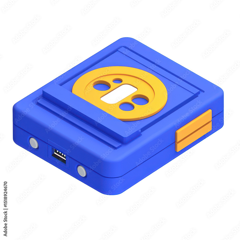 Poster isometric rendering of a small, blue, rectangular device with a gold circular element featuring a wh