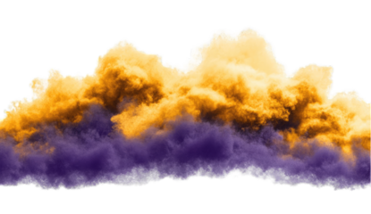 A billowing cloud formation, predominantly golden-yellow above transitioning to deep purple below, isolated on a black background