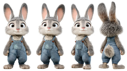 Cute cartoon rabbit character in blue overalls with expressive facial features and fur