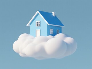 Minimal conceptual image of a blue house floating on white cloud. 3D rendering