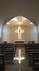 Modern minimalist church interior with illuminated cross on wall natural lighting wooden pews peaceful worship space spiritual sanctuary