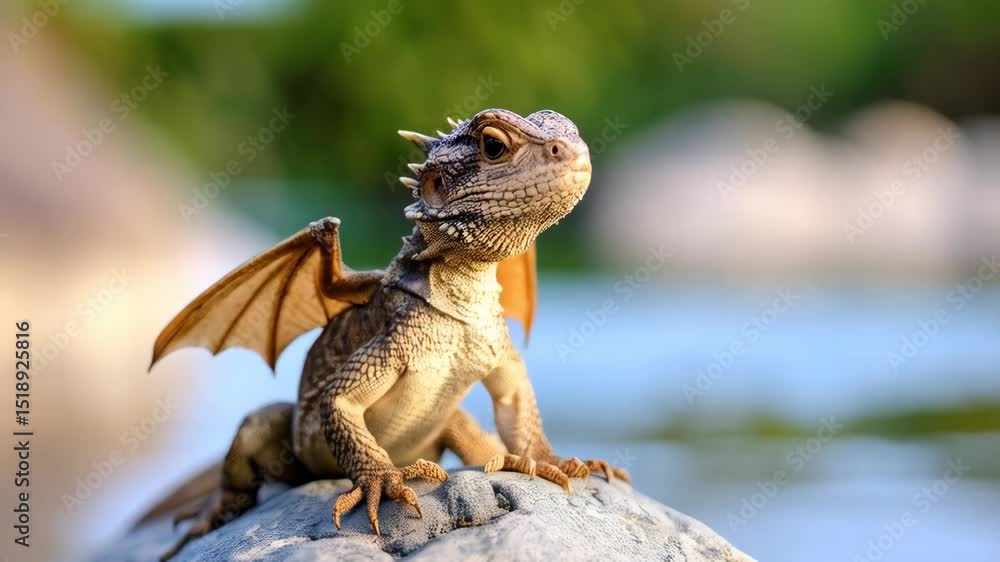 Poster fantasy lizard with wings sits on a rock next to the water with a bokeh background of green trees, c