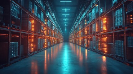 Fototapeta premium A cyber-industrial warehouse filled with glowing holographic inventory scanners