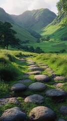 Serene green valley with rolling hills and a stone pathway surrounded by lush trees and vibrant grass du daytime with clear sky and peaceful countryside scene