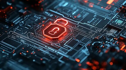 Abstract digital circuit board with a glowing red padlock symbol, representing cybersecurity and technology - Powered by Adobe