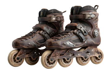 Detailed studio shot showcasing a pair of vintage brown inline skates on transparent background