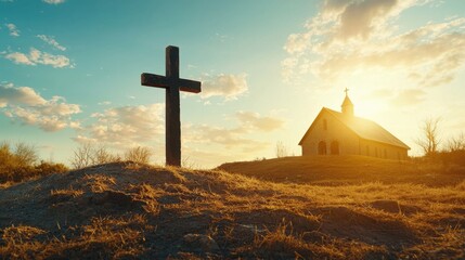 Serene rural landscape with large wooden cross and small church building illuminated by sunset light, peaceful countryside scene perfect for spirituality and reflection