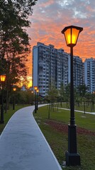 Vibrant sunset sky over modern residential apartment buildings illuminated street lamps in a peaceful urban park setting with lush greenery and winding pathway