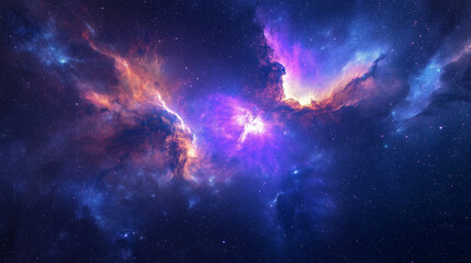 Vivid deep space nebula in purple and orange hues, filled with cosmic clouds and stardust, perfect for astronomy, sci-fi, or fantasy design.