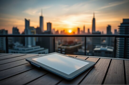 Passive Income: Tablet on Rooftop Terrace at Sunset: Urban Lifestyle Photography