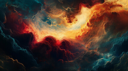 Obraz premium Dramatic nebula with teal, orange, and red swirling clouds, perfect for cosmic fantasy, universe exploration, and creative digital backdrops.