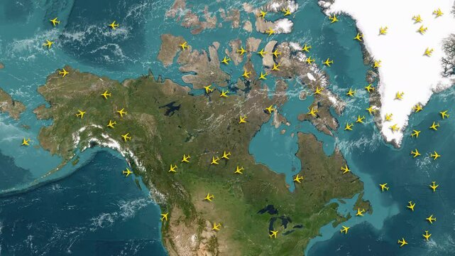Interactive Air Traffic Radar Map - Canada & Greenland Flight Paths.  Interactive vector map showing live air traffic over Canada and Greenland with animated plane icons as radar dots.