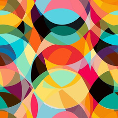 Obraz premium Abstract seamless pattern with colorful overlapping circles and geometric shapes, playful and modern, ideal for textile, wallpaper, or surface design.