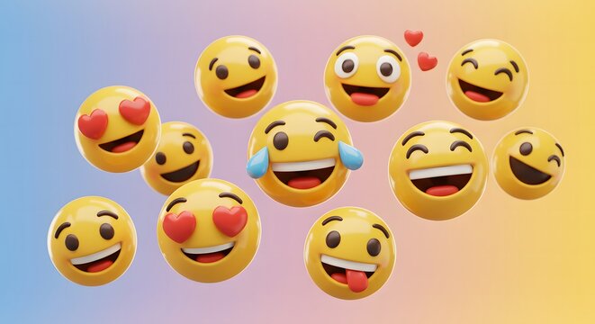 Naklejki A playful pattern of various yellow and happy emojis against a vibrant rainbow gradient background, symbolizing the fun and diversity of digital expression. 