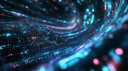 Obraz premium Futuristic digital wave in blue and pink, with swirling light particles and glowing network connections. Great for technology, data, or AI backgrounds.