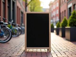 Sidewalk chalkboard sign mockup for restaurant cafe or bar advertisement on brick street with bicycles 