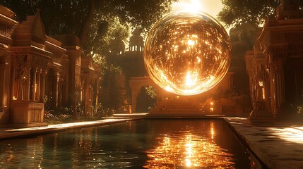Mystical energy sphere hovering over calm waters in an ancient structure