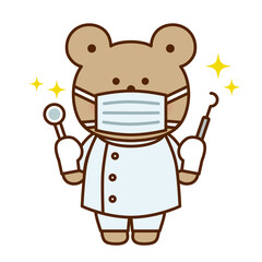 歯医者のくまのかわいいイラスト（白衣・マスク）