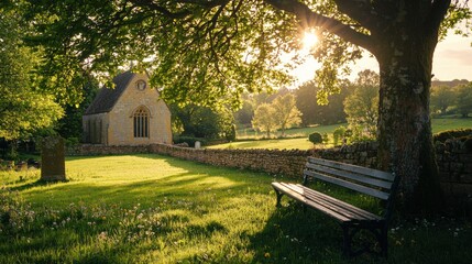 Tranquil rural landscape featu a small stone chapel, lush green grass, tall trees with sunlight filte through, and a peaceful garden setting du daytime