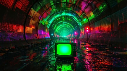 Retro TV glows green in a dark, rainy, futuristic tunnel. Abstract code glows red on walls. Vibrant blue and pink light streams pulse through the corridor. A cinematic scene blending nostalgia, techno