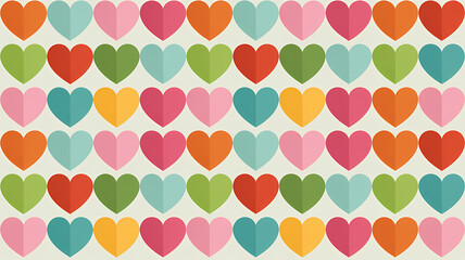 Seamless Flat Design Pattern of Colorful Overlapping Hearts in Warm and Cool Tones on a Clean White Background for Textile or Wallpaper Use