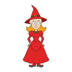 A stunning witch in a flowing red dress, her eyes sparkle with mystery and charm, casting spells with elegance and power beneath the moonlit sky.
