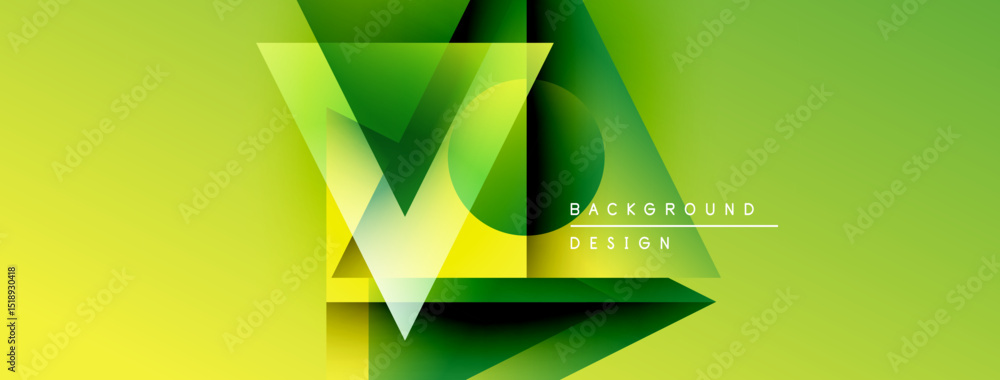 Poster Abstract geometric design. Green, yellow gradients create layered triangular shapes. Modern background for digital projects.