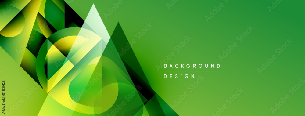Poster Abstract geometric shapes overlap, creating vibrant green gradient background. Modern design elements suggest innovation, energy.