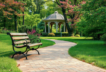 Serene Park Scene with Bench and Gazebo