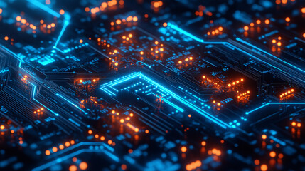Obraz premium Futuristic blue circuit board with glowing orange nodes, showcasing advanced digital networks and high-tech innovation for tech backgrounds.