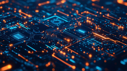 Obraz premium Close-up of glowing circuit board with orange and blue lights, symbolizing technology, digital innovation, and electronic connectivity.