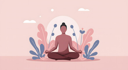 Beautiful cartoon man meditating in a pink lotus yoga pose, symbolizing relaxation and health