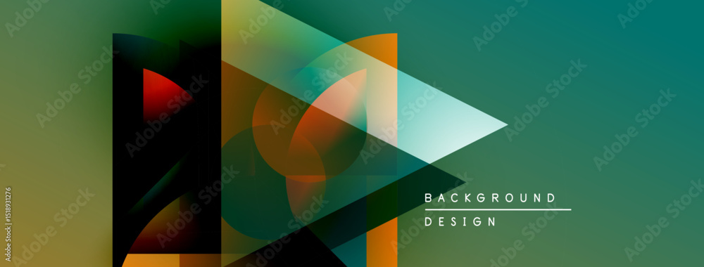 Poster abstract geometric shapes overlap, creating vibrant color gradients. design features teal, orange, g