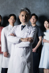 グレーバックでカッコイイグレイヘアの医者とドクターの複数のチーム医療のイメージ　縦
