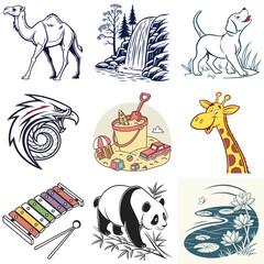 Collection of Whimsical Cartoon Illustrations Featuring Animals Nature and Childhood Objects