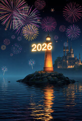 Celebration of 2026 with Fireworks and Lighthouse