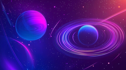 Futuristic cosmic background with purple and blue planets, glowing rings, and dynamic energy trails. Ideal for space, sci-fi, or tech themes.