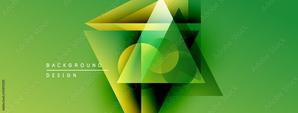 Poster abstract geometric shapes overlap, creating vibrant green, yellow gradients. modern design elements 