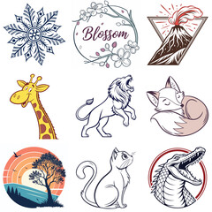 Collection of Nine Distinct Vector Graphic Illustrations on a White Background