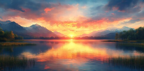 Fototapeta premium Serene Sunset: Mountain Lake Panorama in Warm Hues